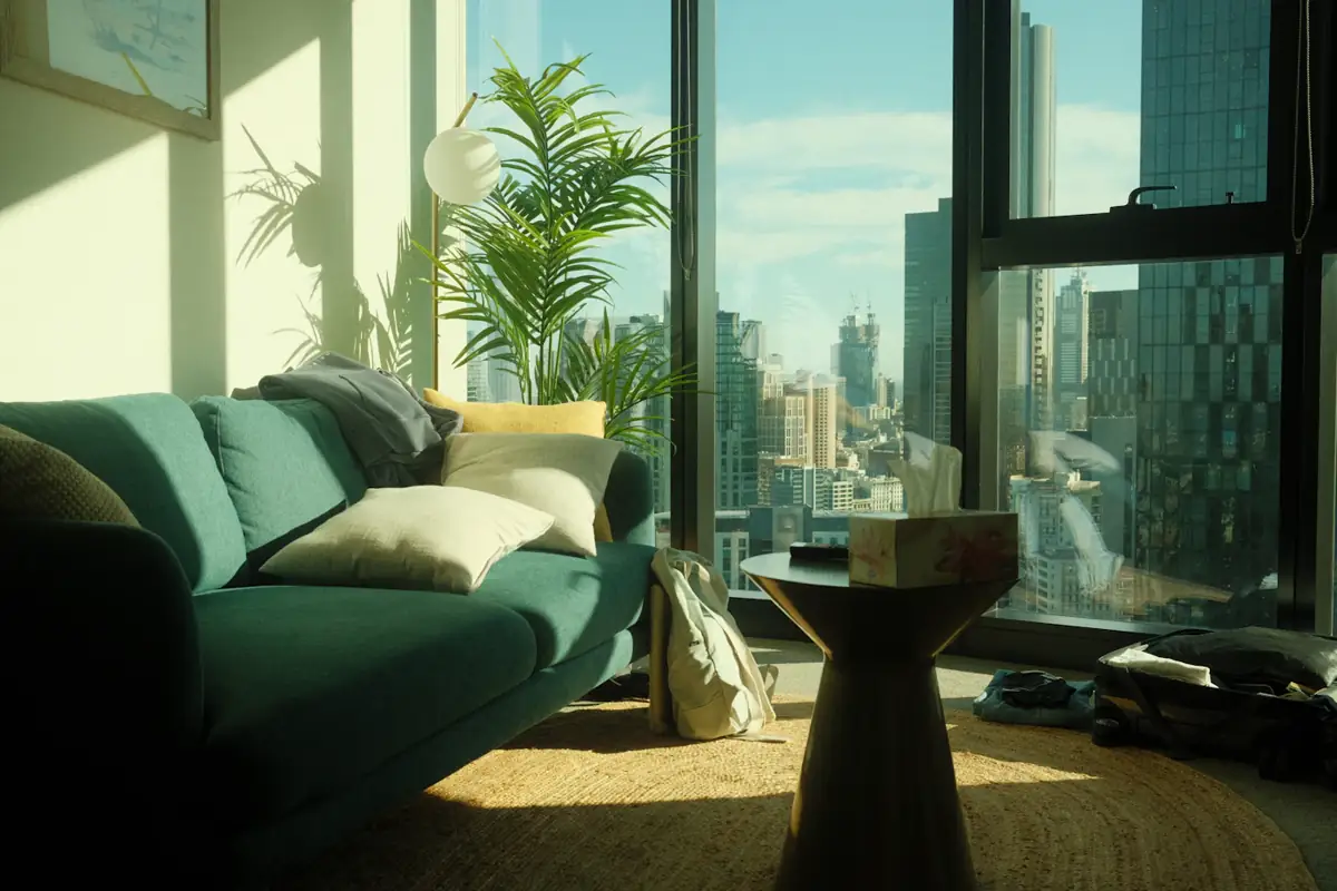 A bright city apartment living room with a green sofa and floor-to-ceiling windows